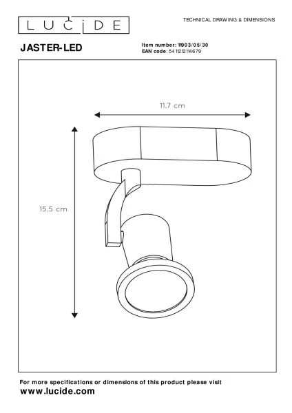 Lucide JASTER-LED - Spot plafond - LED - GU10 - 1x5W 2700K - Noir - TECHNISCH